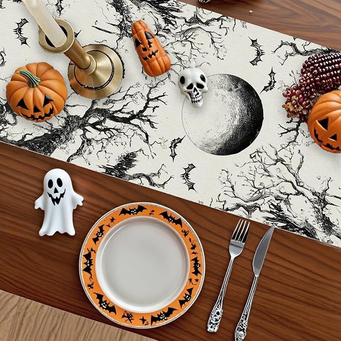 GPGHE Halloween Table Runner Black Ghost Holiday Burlap Table Decoration Indoor Outdoor Home Decor Party Supply 13 x 72 Inch