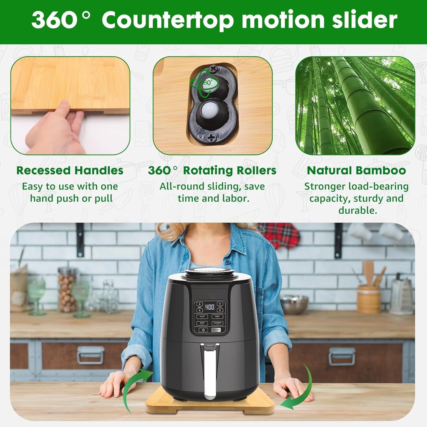 Appliance Slider 360° Rolling Tray for Coffee Maker Bamboo Coffee Pot Slider Tray Countertop Rotation Sliding Board with Wheels, Small Appliances Mat Easily from Under The Cabinet Natural(13.9"×9.4")