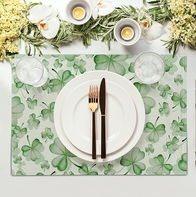 Shamrocks St. Patrick's Day Placemats Set of 4 Watercolor Lucky Clovers St Patrick's Day Table Mats Seasonal Spring Green Leaves Linen Place Mats for Party Kitchen Dining Outdoor Indoor Decor