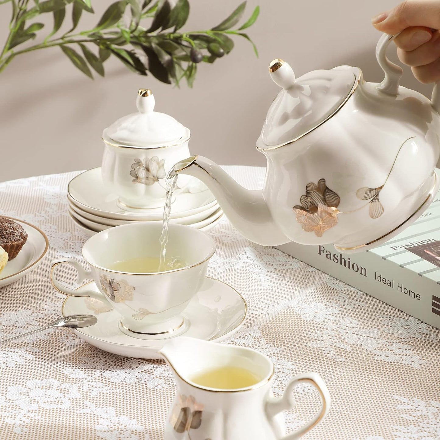 CHENP.HMC Porcelain Ceramic 22-Piece Tea Set, Teapot and Cup Set, 30.7 Ounces, for 6, Gift Sets, Tea or Coffee Lovers, Wedding, Birthday