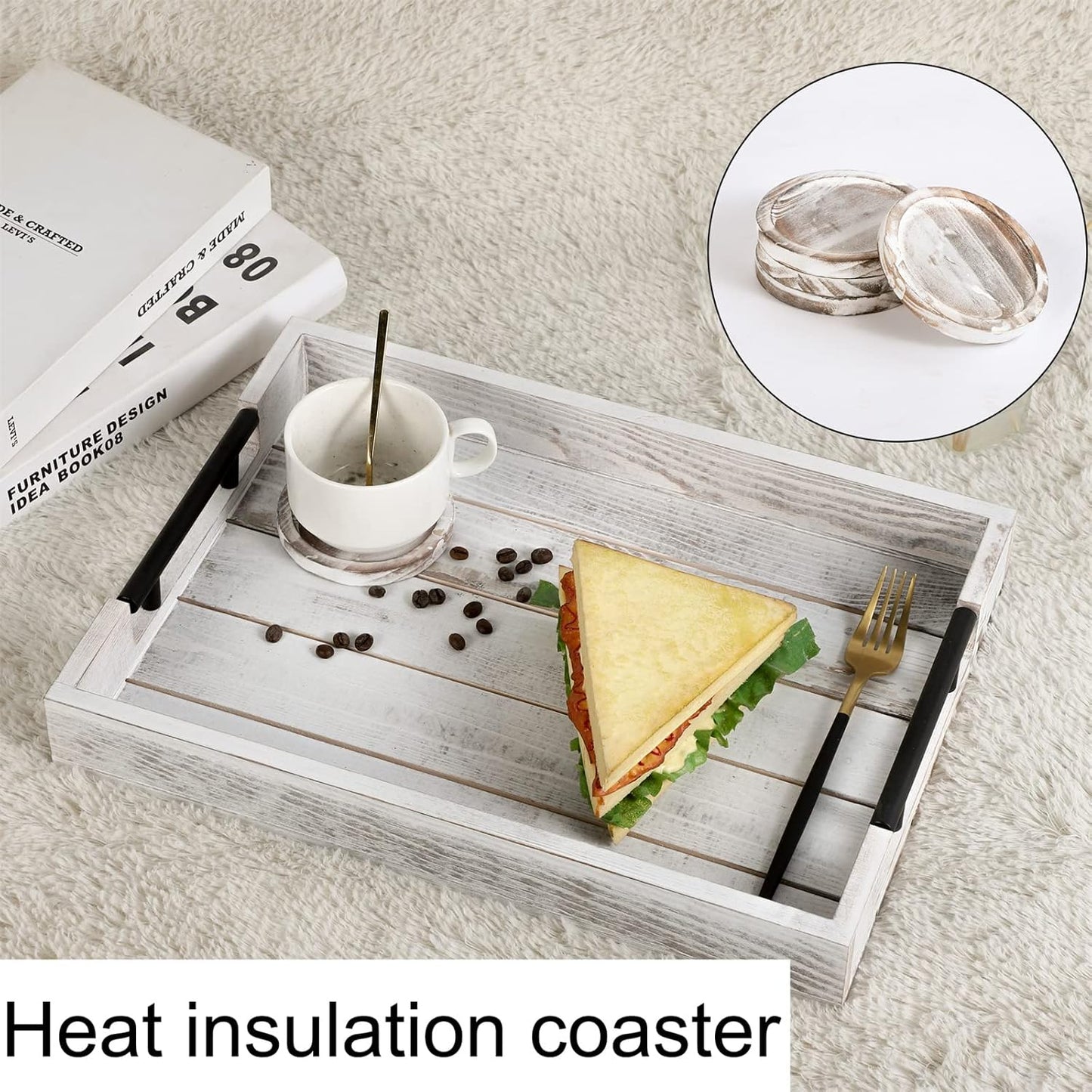 Wooden Serving Ottoman Tray With 4 Coasters, Breakfast Tray With Handles, Home Decor for Living Room, Coffee Table