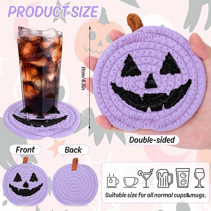 Whaline Halloween Pumpkin Cotton Coasters Colored Pumpkin Face Handmade Braided Drink Coasters Pink Purple Orange Absorbent Cup Mats for Trick or Treat Party Home Table Decor, Set of 4