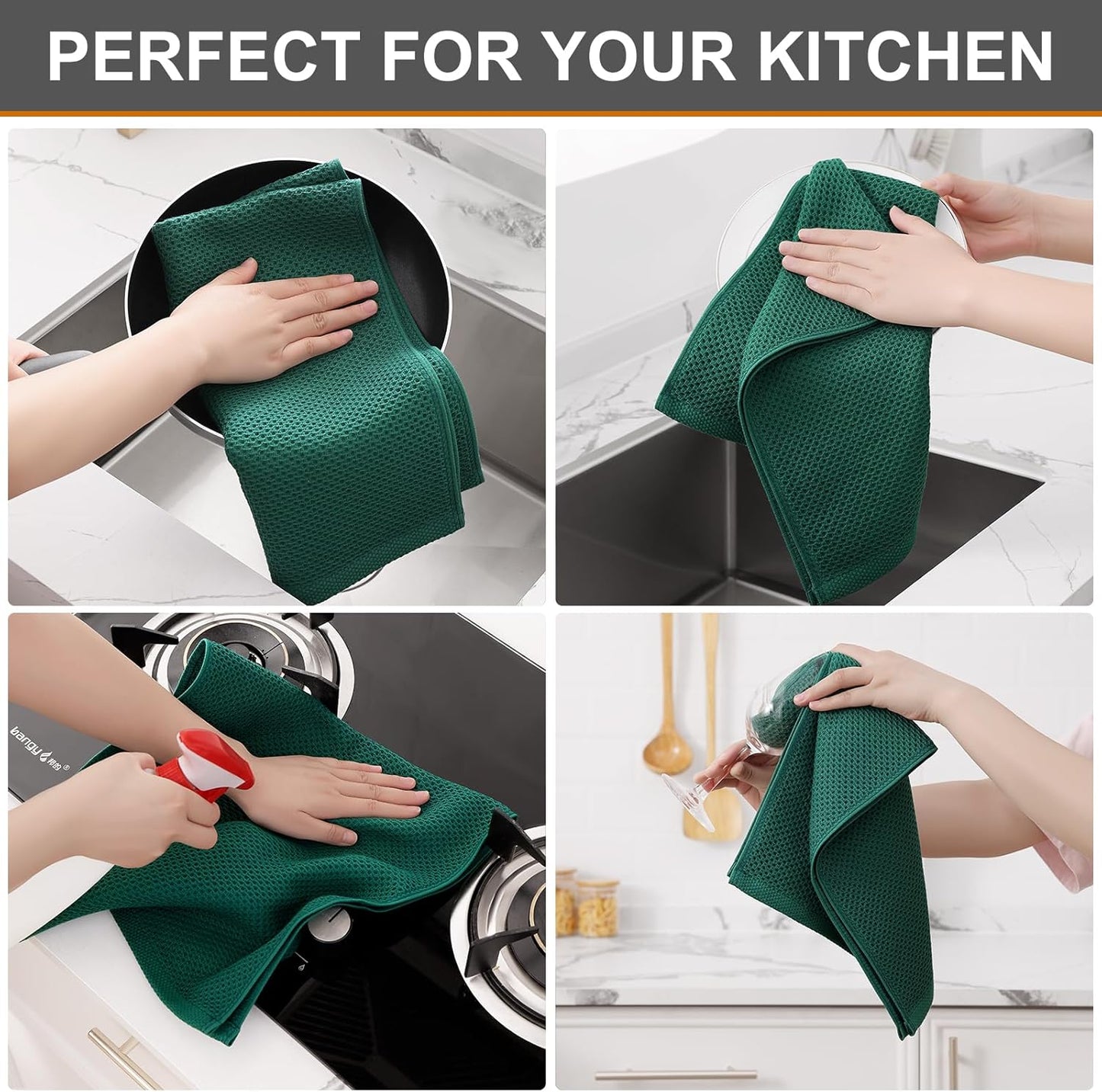 Kitinjoy 100% Cotton Waffle Weave Kitchen Towels, 8-Pack Super Soft and Absorbent Dish Towels for Drying Dishes, Kitchen Hand Towels, 13 in x 28 in, Dark Green