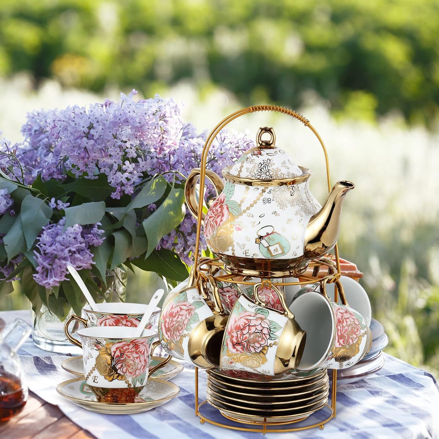 Zhehao 20 Pcs Porcelain Tea Set with Metal Holder and Spoon Adult Ceramic Tea Party Set European Flower Painting Teapot Cup Saucer Spoon Set for Women, Large Version(Bright Style)