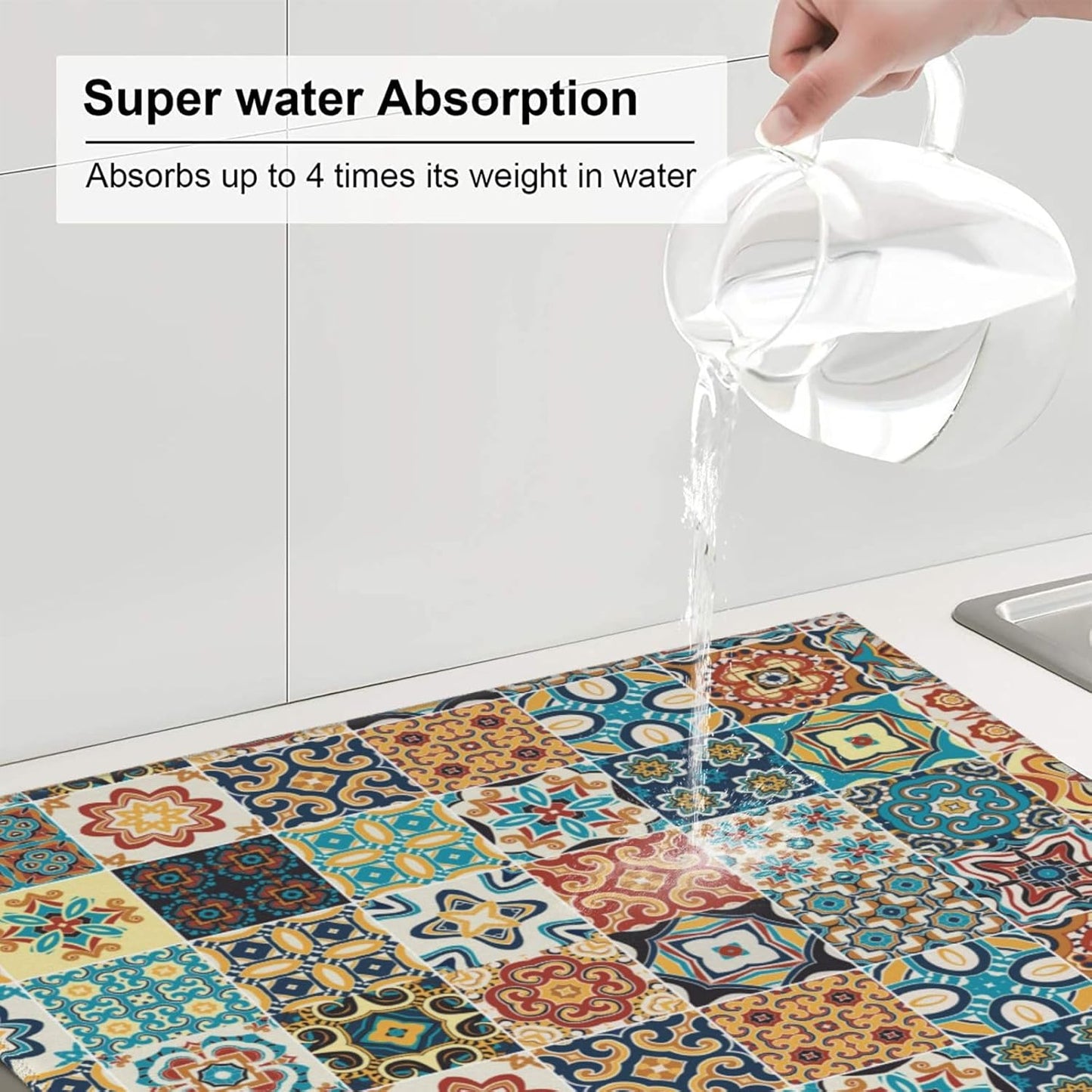 Traditional Multicolor Ornate Dish Drying Mat, Highly Absorbent Microfiber Kitchen Counter Pad Reusable Washable, 16*18"