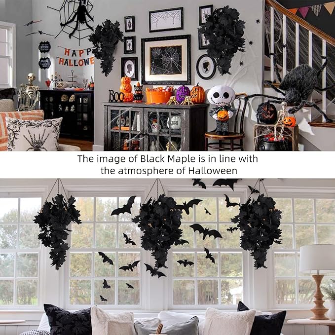 RECUTMS Black Maple Leaf Artificial Hanging Plants Fake Plants Faux Fall Leaves Halloween Faux Plants Autumn Leaves Artificial Wall Hanging Indoor Outdoor Halloween Decoration（Black）