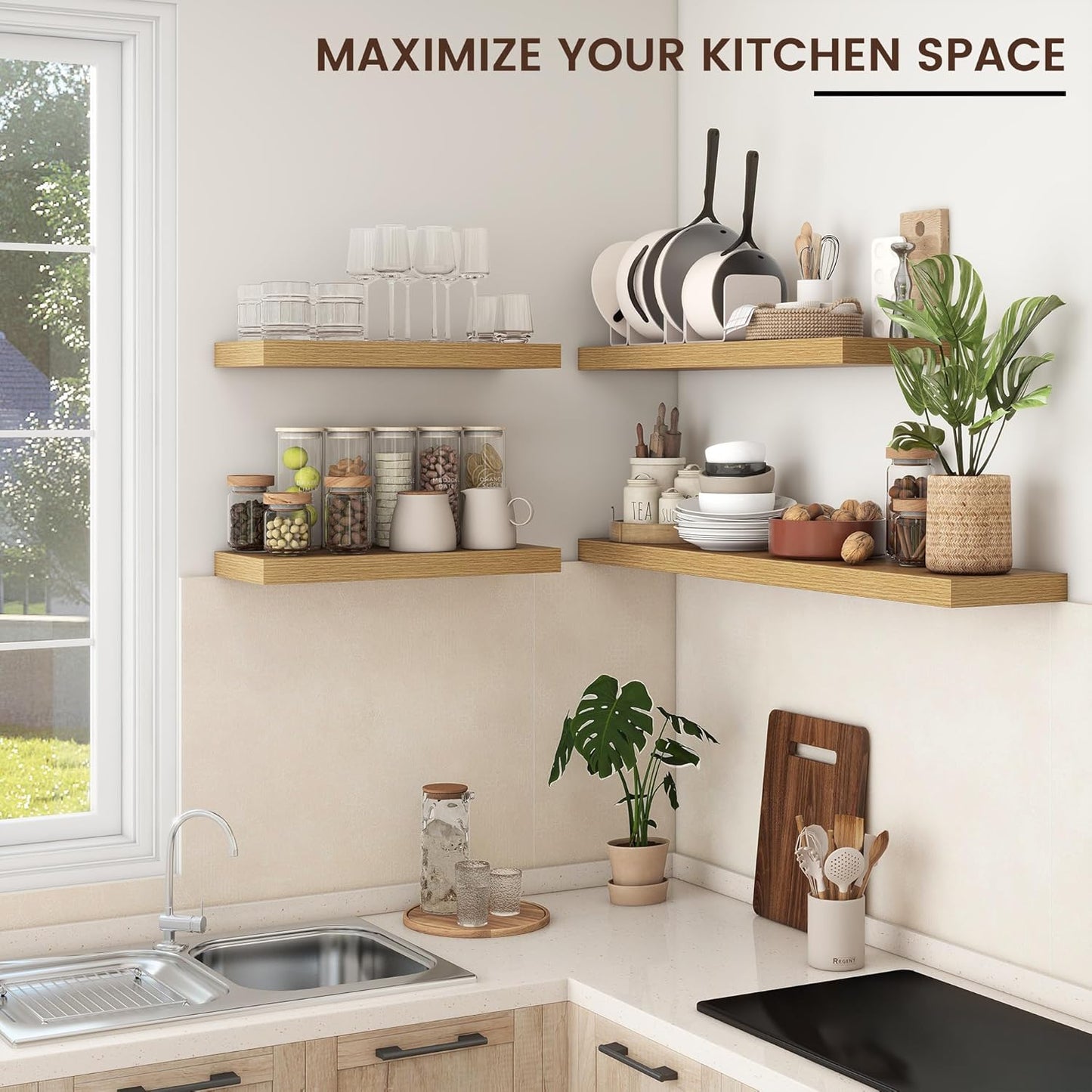 Floating Shelves - 2 Large Wall Mounted Shelves with Invisible Brackets, Long Wood Floating Wall Shelf for Living Room, Bedroom, Kitchen (Oak, 48" W x 9" D x 1.5" H)