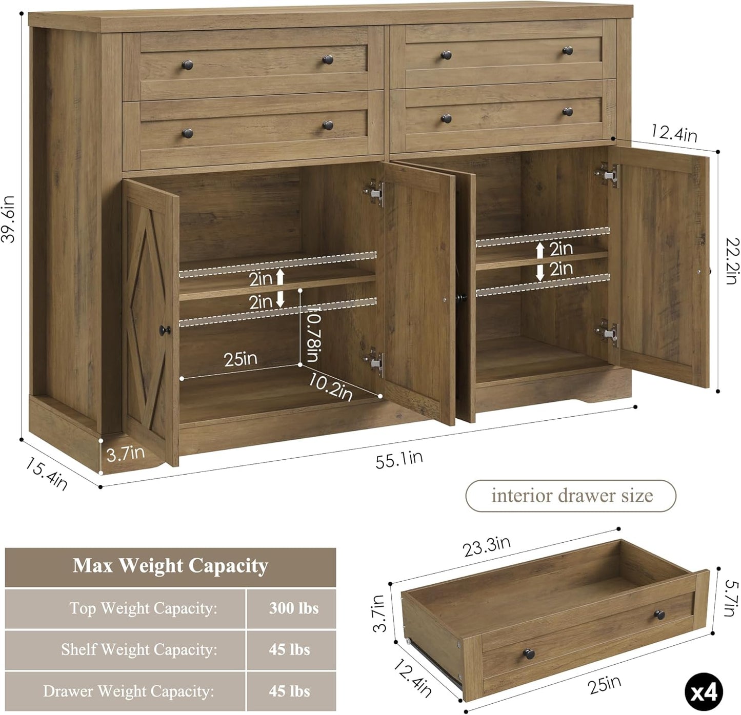 HOSTACK 55" Coffee Bar with 4 Large Drawers, 40" Tall Buffet Cabinet with Storage, Kitchen Storage Cabinet, Modern Farmhouse Sideboard Buffet, Adjustable Shelves for Living Room, Rustic Brown