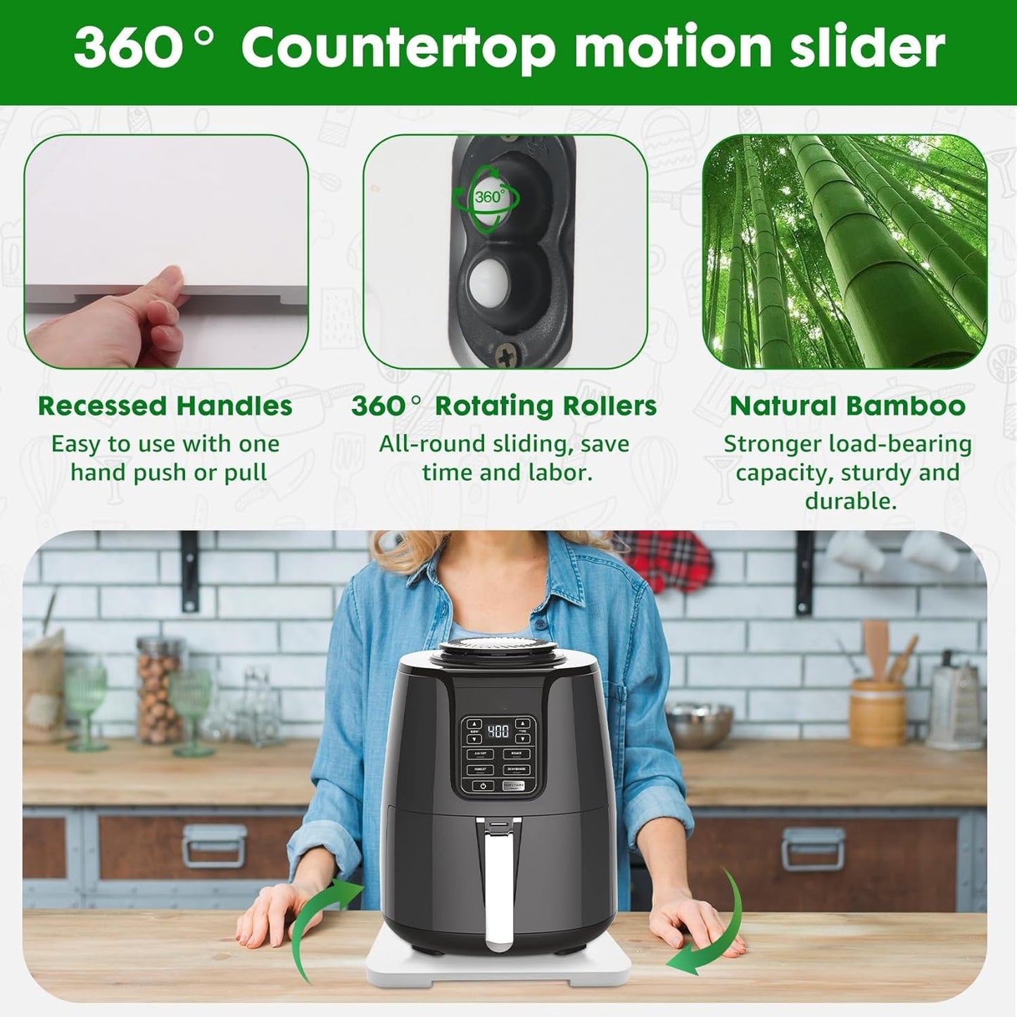 Appliance Slider 360° Rolling Tray for Coffee Maker- Bamboo Coffee Pot Slider Tray Countertop Rotation Sliding Tray with Wheels, Small Appliances Mat Easily from Under The Cabinet White(13.9"×9.4")