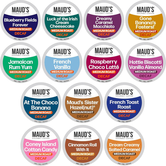 Maud's Flavored Decaf Coffee Pods Variety Pack, 80 ct,14 Assorted Roasts & Flavors, Decaf Medium Roast Coffee in Recyclable Single Serve Pods - 100% Arabica Coffee, Compatible with Keurig K Cups Maker