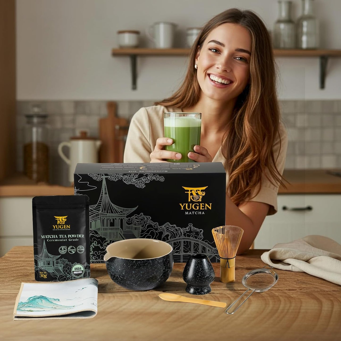 YUGEN MATCHA 7 Piece Matcha Whisk Set, Includes 30g Ceremonial Grade Matcha Powder, Metal Sifter, Bamboo Whisk, Whisk Holder, Bamboo Spoon, Tea Cloth, Matcha Bowl, Tea Set, Ceremony Set