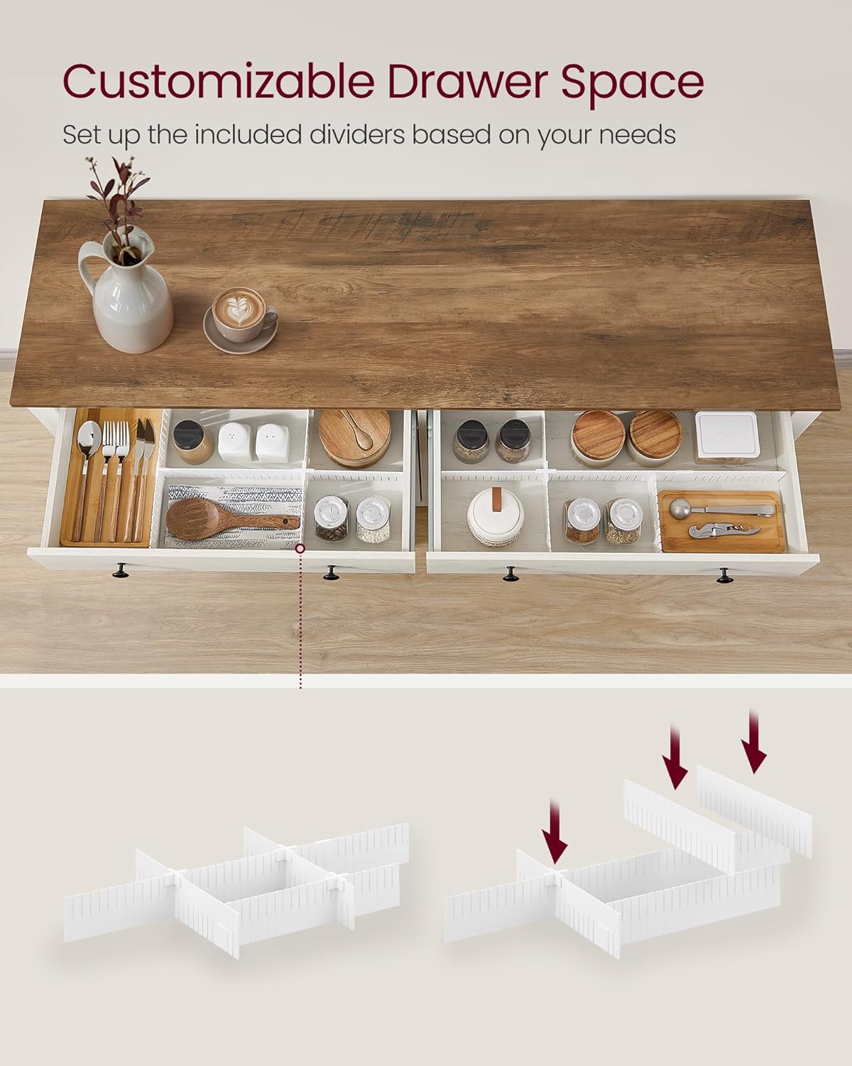 VASAGLE LIRY Collection - Buffet Cabinet, Coffee Bar Cabinet with 2 Drawers, Adjustable Shelves, Sideboard Storage with Cable Holes, Drawer Dividers, Rustic White and Honey Brown UBBK381W01