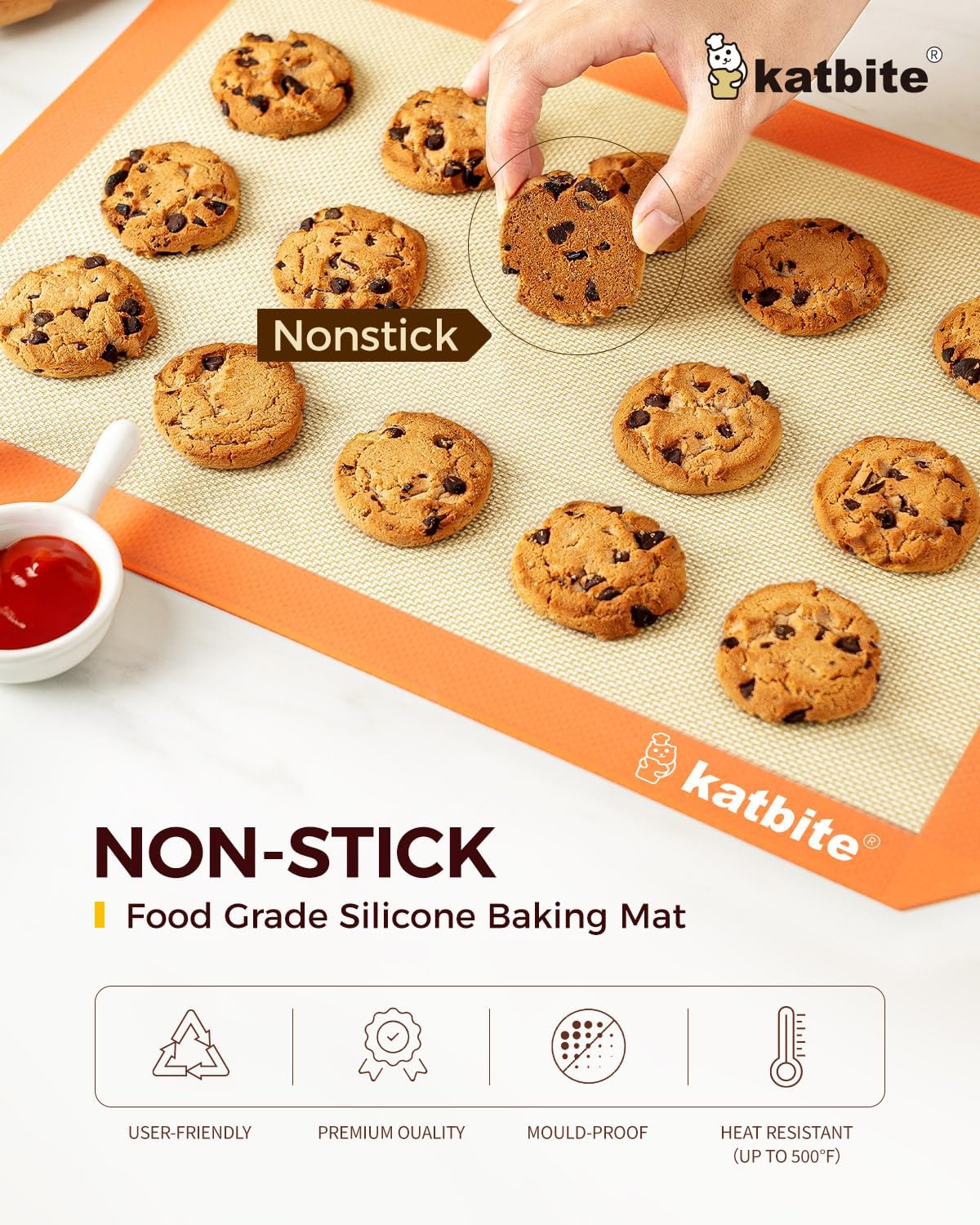 Katbite Silicone Baking Mat Colorful Collection - Set of 3: 2 Half Sheets Mats (11 5/8" x 16 1/2") + 1 Quarter Baking Sheet, Reusable & Nonstick Bakeware Mats for Cookies, Macarons, Bread (Orange)
