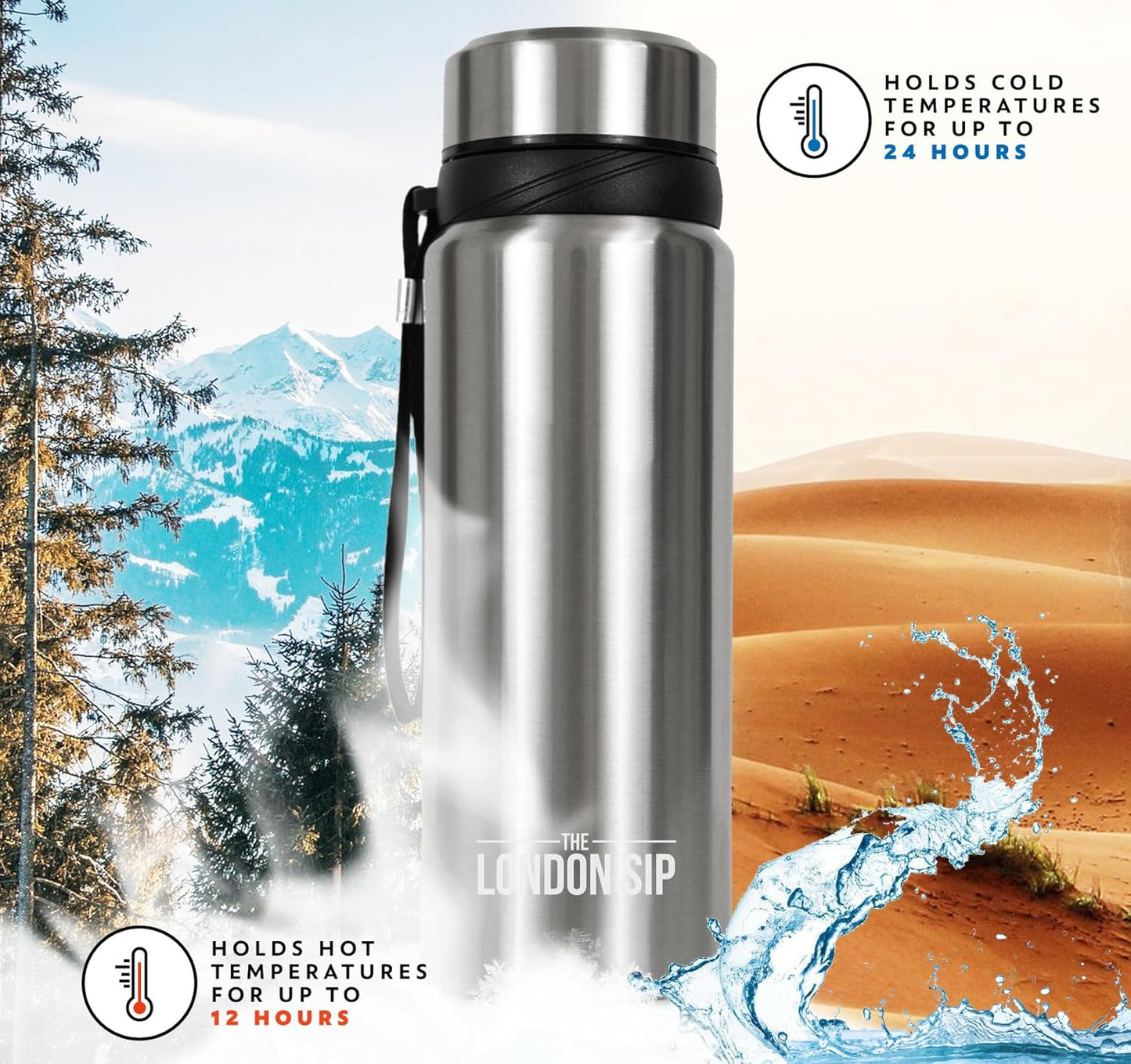 London Sip 25 oz Multi-Function Travel Mug and Tumbler Tea Infuser Water Bottle Fruit Infuser Flask Hot and Cold Double Wall Stainless Steel Coffee Thermos, Cosmic Silver, Pack of 2