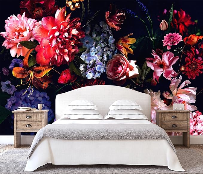 WFBHUA-Dark Floral Wallpaper Watercolor Pink and Blue Flower Wall Mural for Bedroom (Not Peel and Stick)