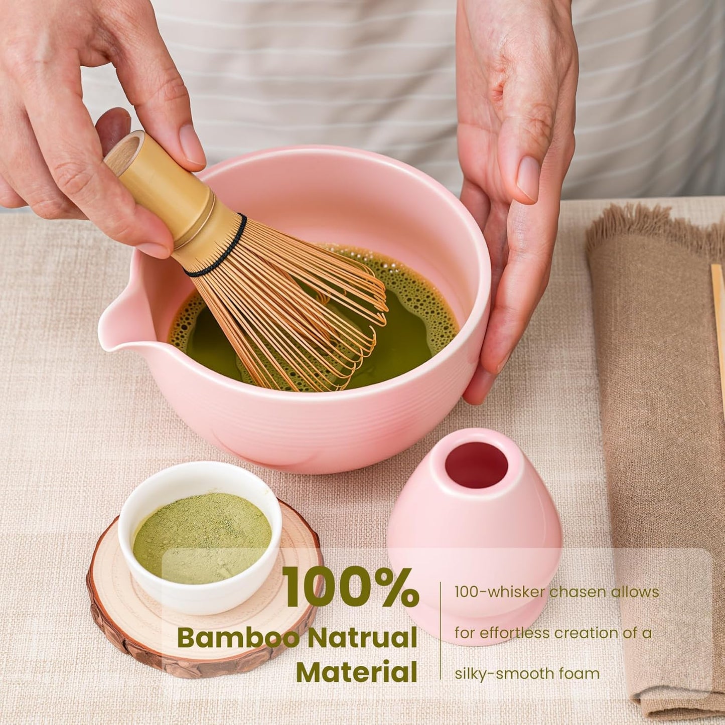 Matcha Whisk Set, Handcrafted Bamboo Chasen & Ceramic Bowl Matcha Kit, Complete 5 Pcs Matcha Set Whisk and Bowl W/Stainless Steel Sifter, Bamboo Scoop & Holder for Matcha Tea Ceremony (Sakura Pink)