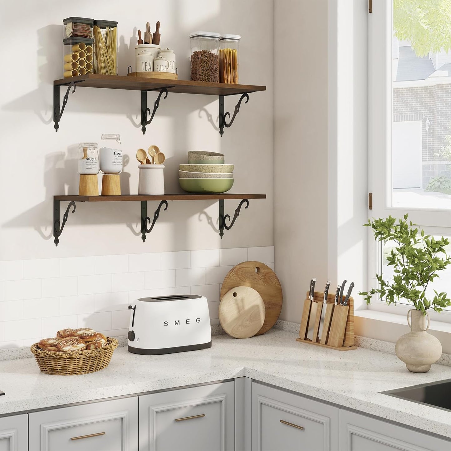 RICHFOCUS 12 Inch Deep Floating Shelves for Wall, 31.5" W x 12" D Wood Wall Shelves Set of 2, Wide Floating Shelves for Living Room, Bedroom, Kitchen, Bathroom and Decor Storage, Walnut