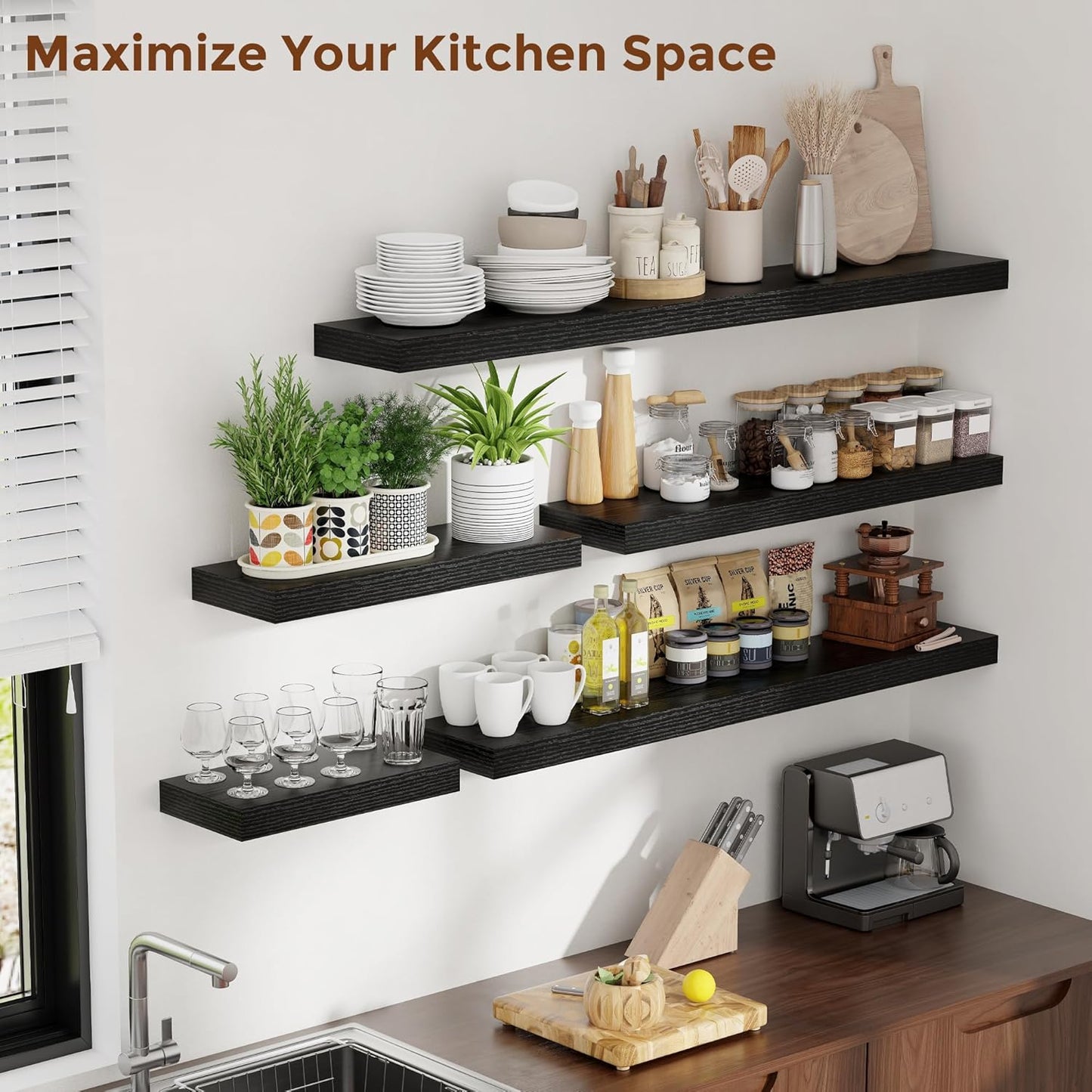 Heimlove 55 Inch Floating Shelves for Wall 8 Inch Deep Black Shelves Set of 2,Wall Mounted Rustic Wood Long Floating Shelf，Large Extra Display & Storage Shelf with Invisible Brackets