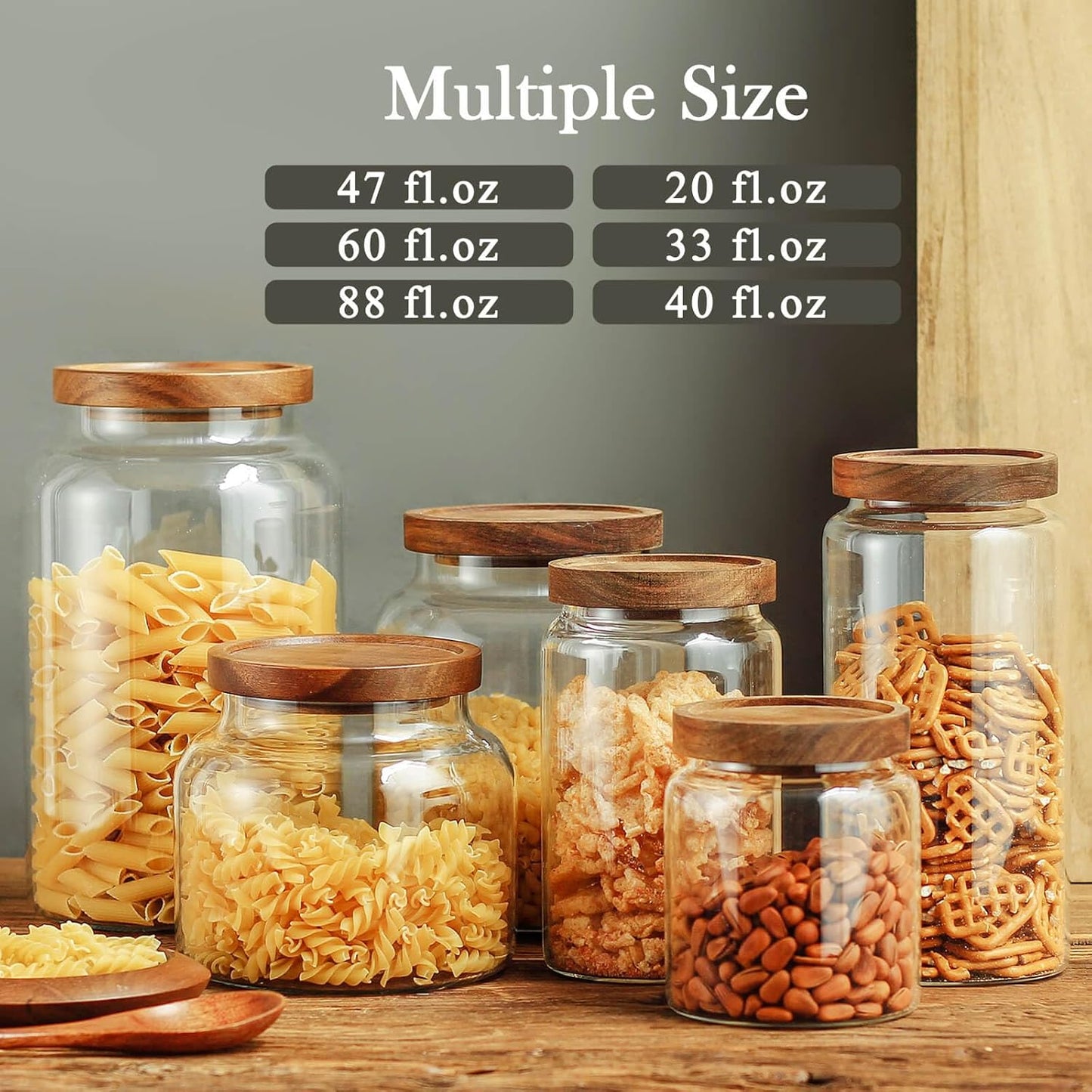 Labina Glass Storage Container Airtight Food Jars Kitchen Canister with Wood Lids, 20 Oz Wide Mouth Pantry Organization Glass Jar for Flour, Sugar, Cookie, Spagetti, Nuts and Candy