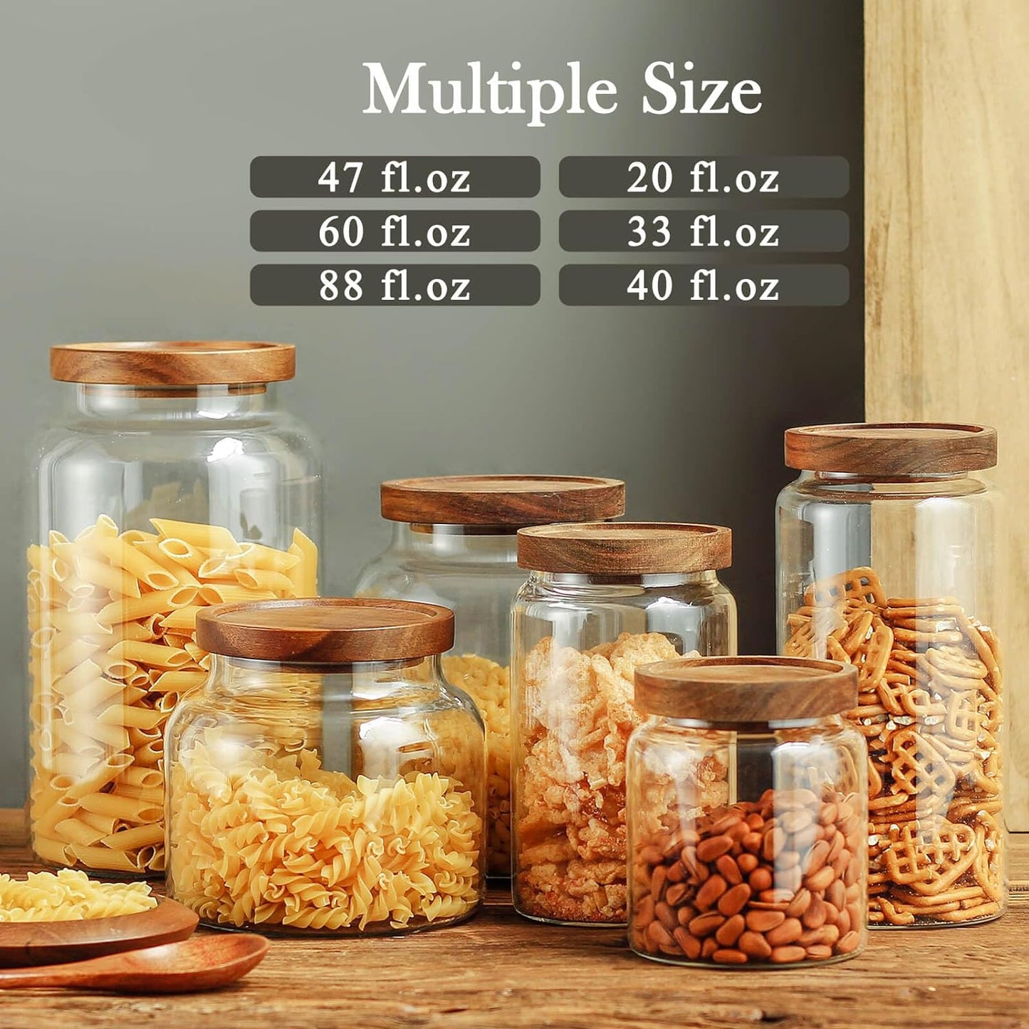 Labina Glass Storage Container Airtight Food Jars Kitchen Canister with Wood Lids, 47 Oz Wide Mouth Pantry Organization Glass Jar for Flour, Sugar, Cookie, Spagetti, Nuts and Candy