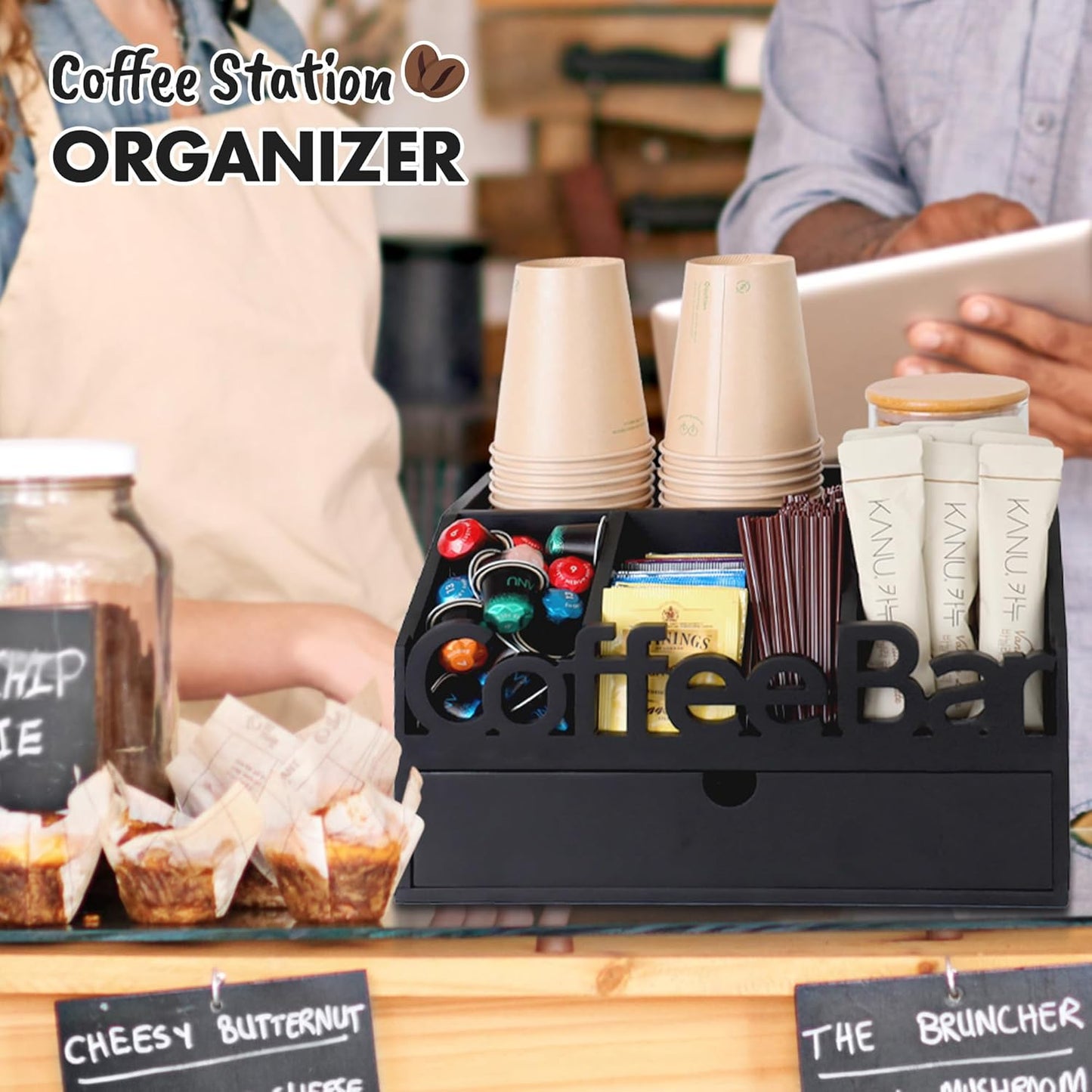 Coffee Bar Organizer for Countertop - Wooden Coffee Organizer Station, Coffee Station Organizer for Home & Office, K Cup Stand for Counter, Coffee and Tea Organizer - Black Drawer Type