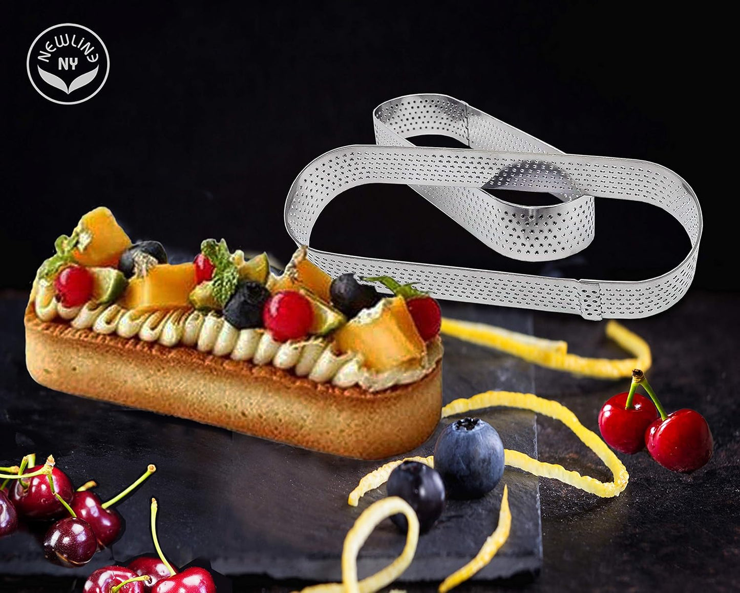 NewlineNY Stainless Steel 6 Pcs Perforated Oval, Rectangular, Square Tart Rings Molding Plating: 2 of each (5" x 1.5") + (4" x 1.5") + (2.8" square) x (0.8" H) Sizes