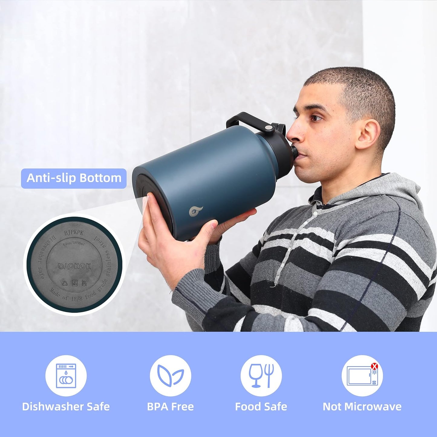 BJPKPK 64 oz Insulated Water Bottle, Dishwasher Safe Half Gallon Water Bottle with Ergonomic Handle, BPA Free Leak Proof Water Jug for Sports, Metal Thermos with Anti-slip Bottom, Army Green