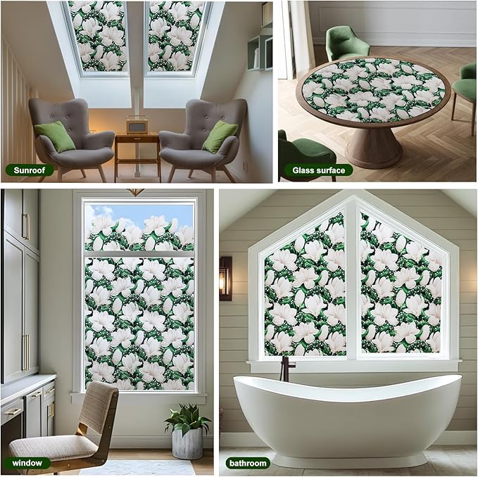 Window Privacy Film Stained Glass Decorative Static Clings Frosted Window Tint for Home Room Decor Bathroom Door Car Stickers with Glittering Effect, Removable(Magnolia Design)
