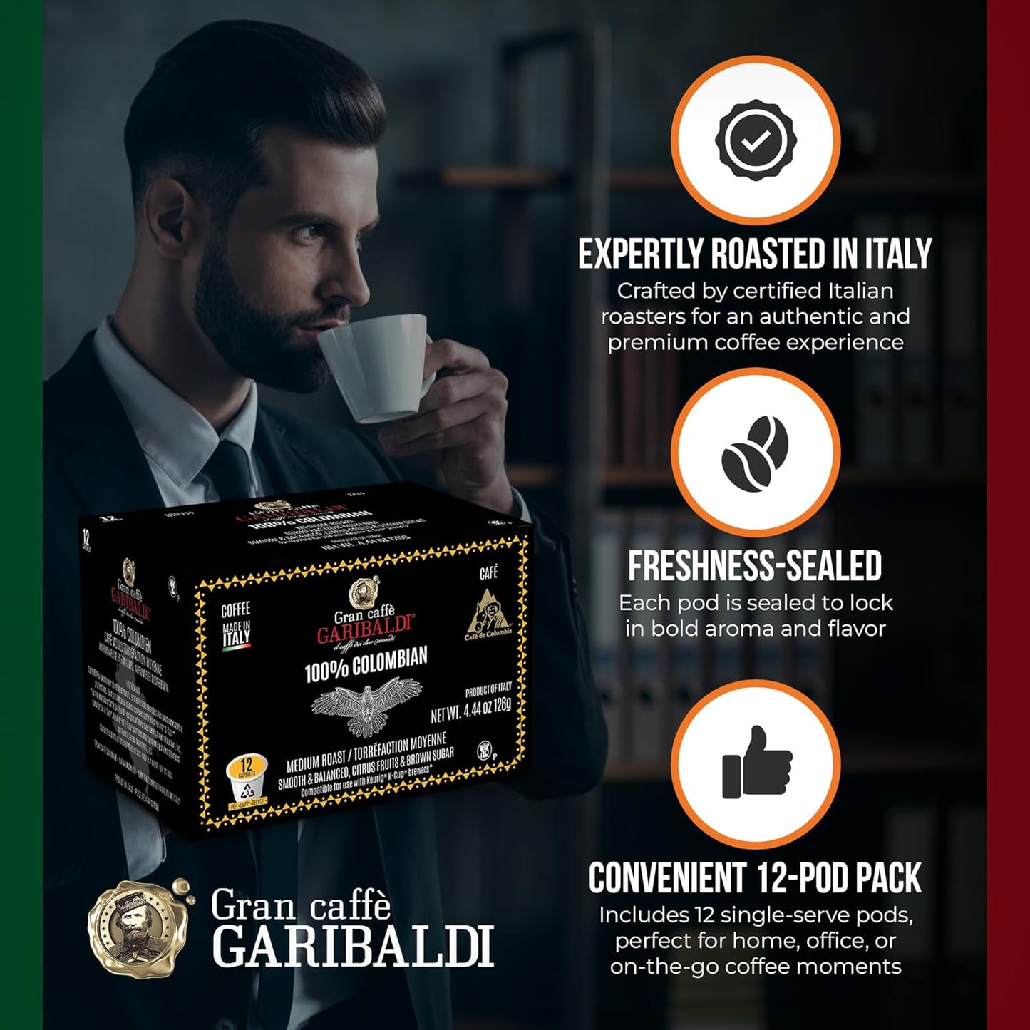 Caffè Garibaldi Italian Roast Coffee Pods, Single-Serve Capsules for Keurig K-Cup Brewers with 100% Arabica Blend, Single Serve Cups for Coffee Makers, Recyclable 12 Count K-Pods - Dark Roast