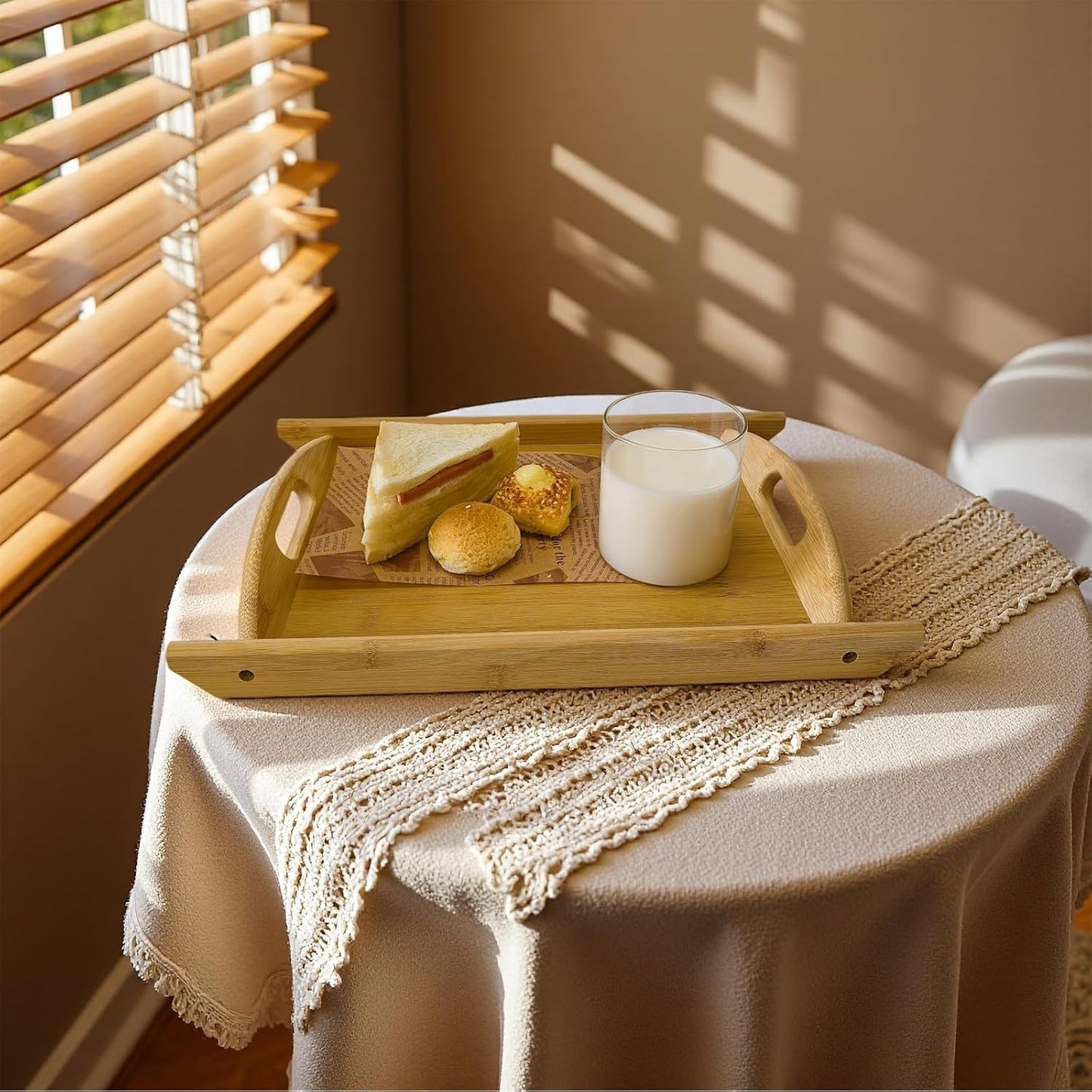 Bamboo Serving Tray Rectangle Platter Breakfast Dinner Food Bed Tray for Eating Kitchen Restaurants (1, 15" x 10.2" x 1.2" (with Handle))