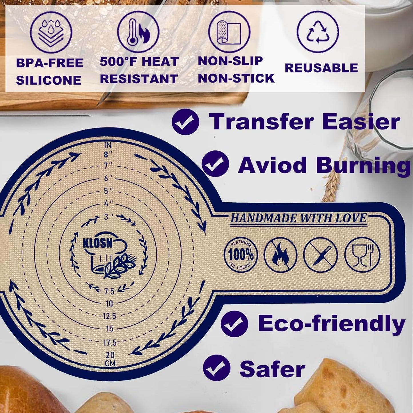 Silicone Bread Sling for Dutch Oven, 2 Pack (8" & 10" Round) – Non-Stick & 500°F Heat Resistant Sourdough Mat, Easy to Clean, Reusable Food-Grade Sourdough Slings - Fits 5–7 qt Dutch Ovens