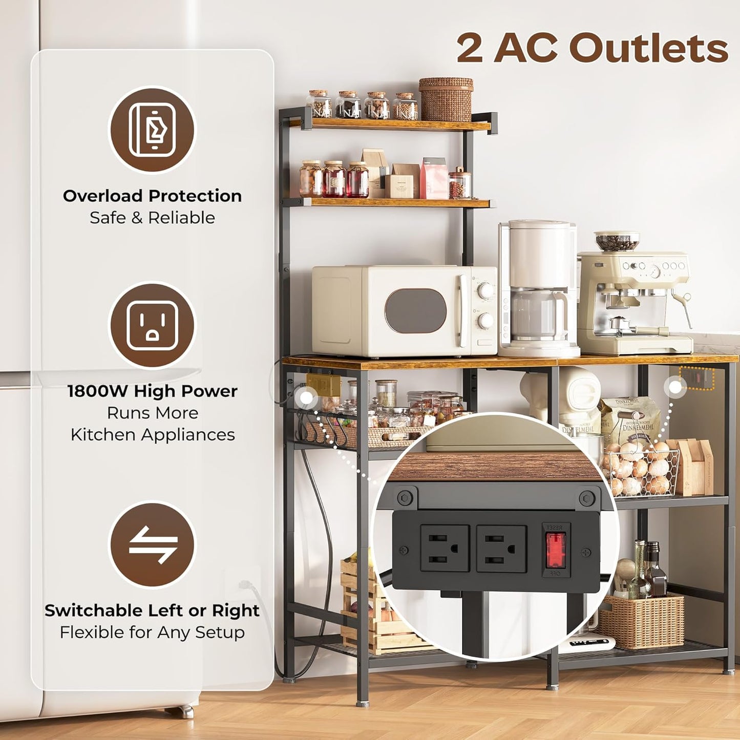 Huuger 39.4 Inch Bakers Rack with Power Outlets, Kitchen Microwave Stand with Storage, Coffee Bar with 4 Hooks, 3-Level Height Open Shelves, Retro Brown