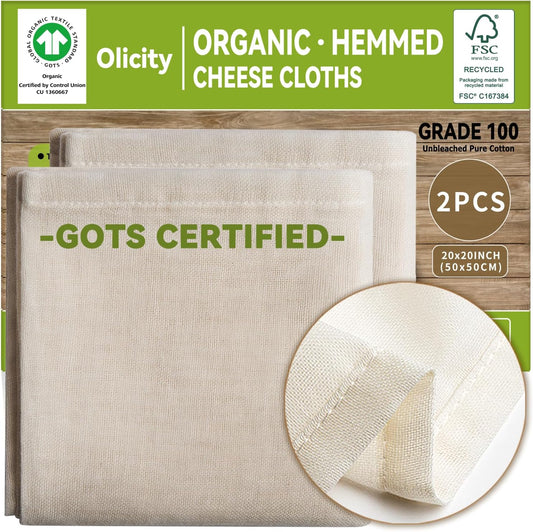 Organic Cheese Cloths, GOTS Certified, 2PCS, Grade 100, 20x20Inch Hemmed Cheese Cloth Reusable Muslin Cheesecloth for Straining, 100% Cotton Unbleached Fine Mesh Cloth Cheese Cloths for Cooking, Herbs