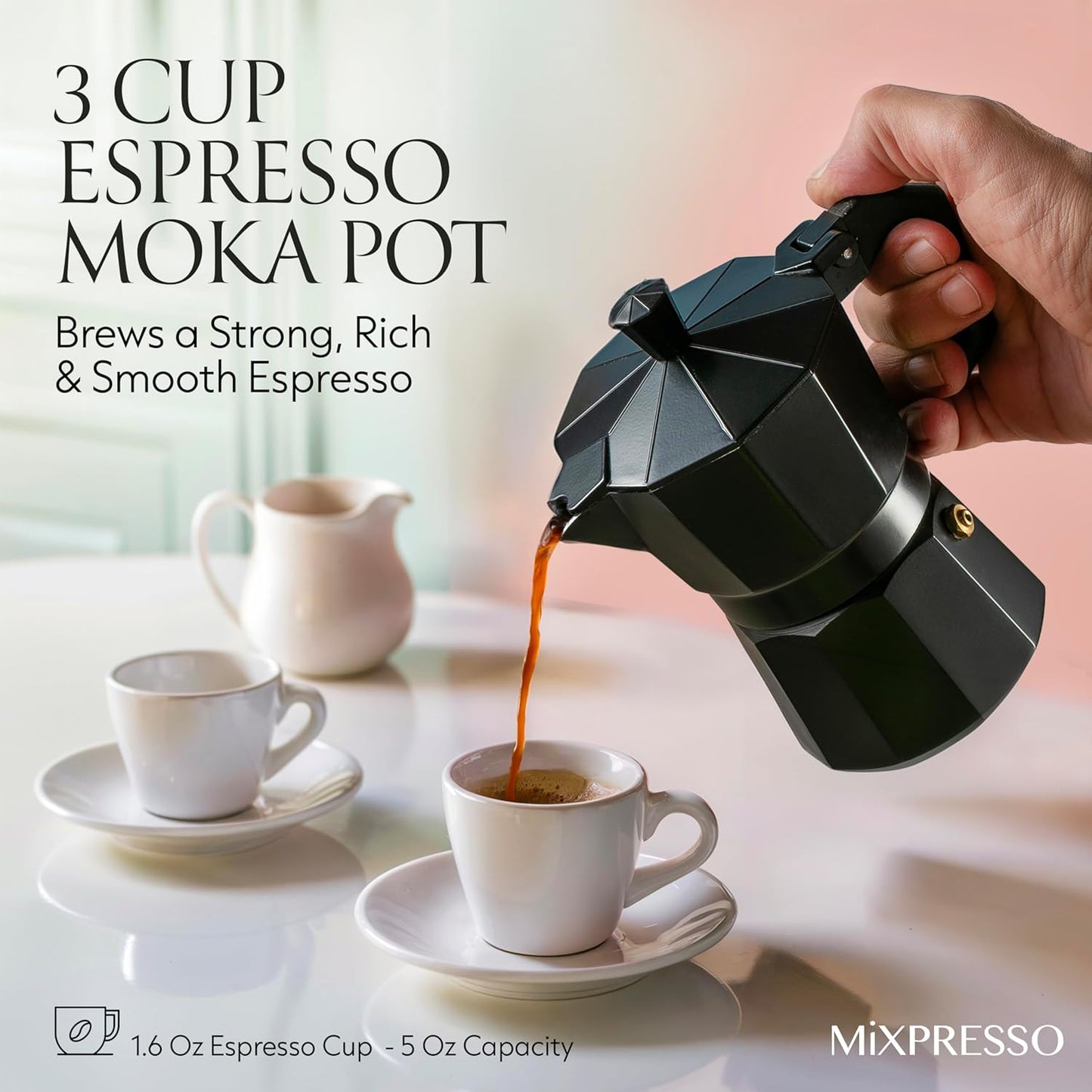 Mixpresso Black 3 Cup Moka Pot Cuban Coffee Maker, Moka Pot for Gas, Electric Stove Top, Classic Italian Coffee Maker, Stovetop Espresso Maker, Camping Pot Makes 3 Espresso Cup 5 Oz - Mug 4.4 Oz