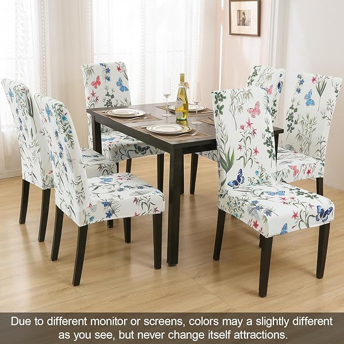 JQinHome Pattern Chair Covers for Dining Room Set of 6, High Stretch Removable Washable Parsons Chair Slipcover for Home Party Hotel Wedding Ceremony (Flowering Butterflies,6PCS)