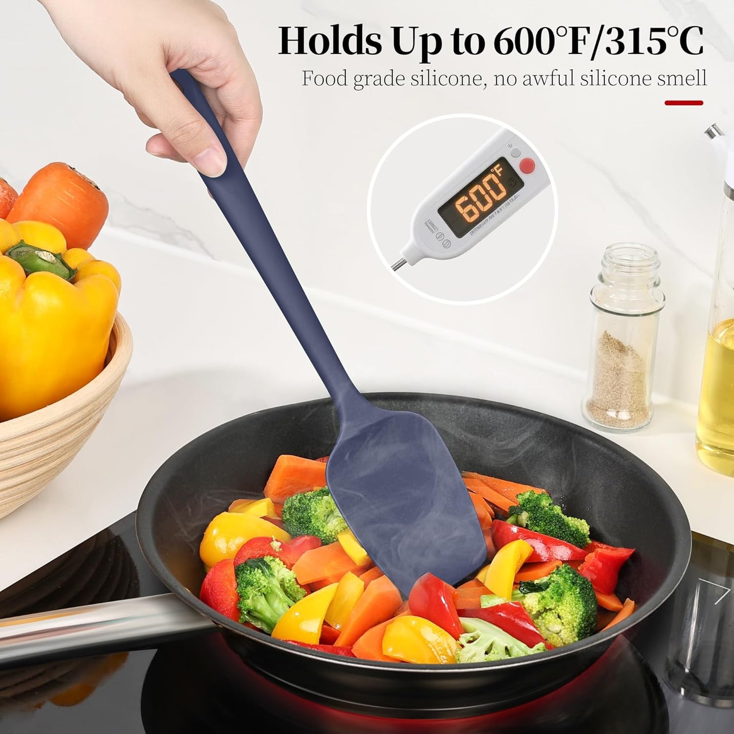 600ºF Heat Resistant Spatulas, High Heat Food Safe Semless Kitchen Silicone Scraper Set for Cooking Baking Mixing Scraping Stirring Nonstick Cookware Pan Bowl (2Pcs,Midniaht Blue)