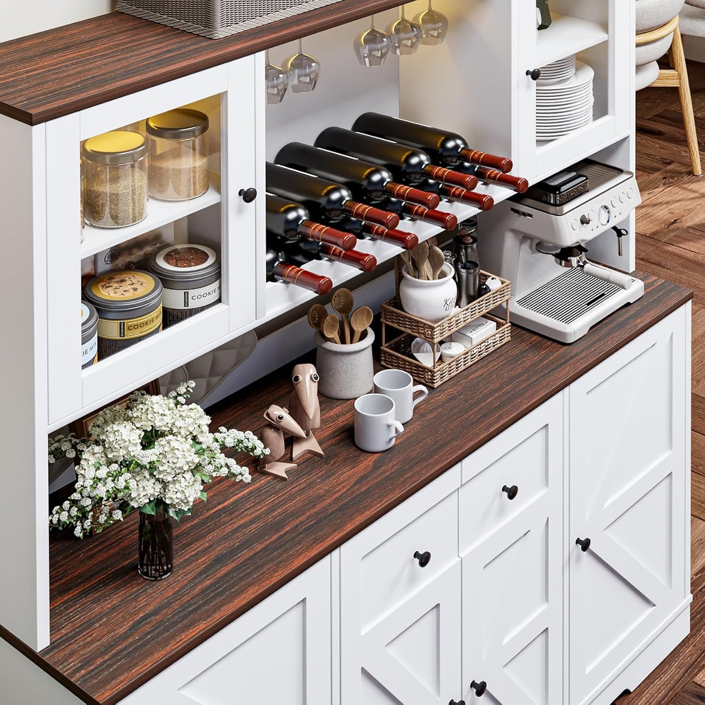 68" Tall Kitchen Pantry Storage Cabinet with Charging Station, 55" Wide Kitchen Hutch Cabinet with Large Countertop, Farmhouse Buffet Cabinet with Wine Holder & Wine Rack for Dining Room, White