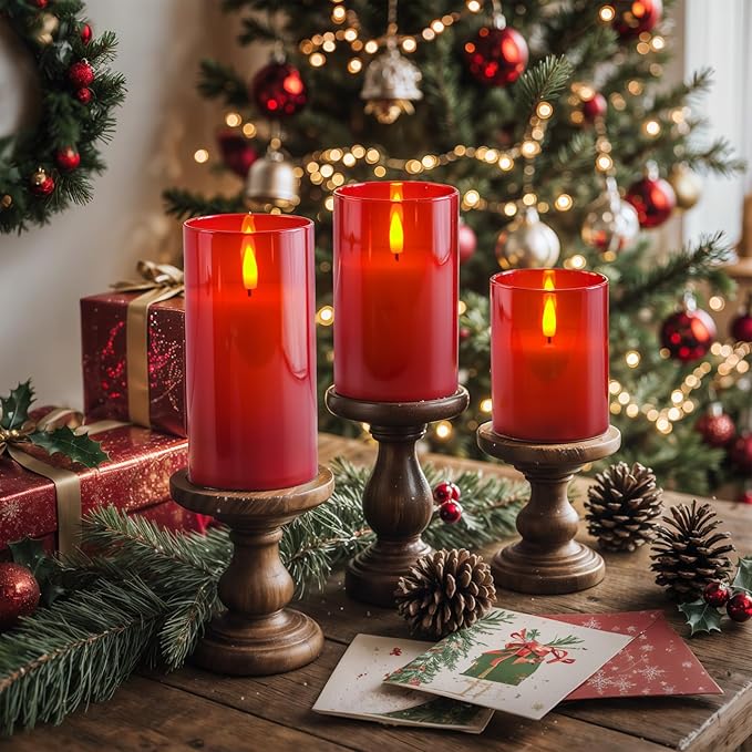 Homemory Red Glass Flameless Candles, Battery Operated LED Pillar Candles with Remote Control and Timer, Radiance Candles, Real Wax, Set of 3,D3 xH4 5" 6"