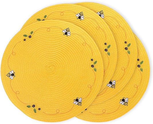 Whaline 4Pcs Round Placemats Bee Sunflower Embroidered Place Mats Bee Floral Dinner Table Mats for Home Spring Summer Holiday Birthday Baby Shower Party Decor