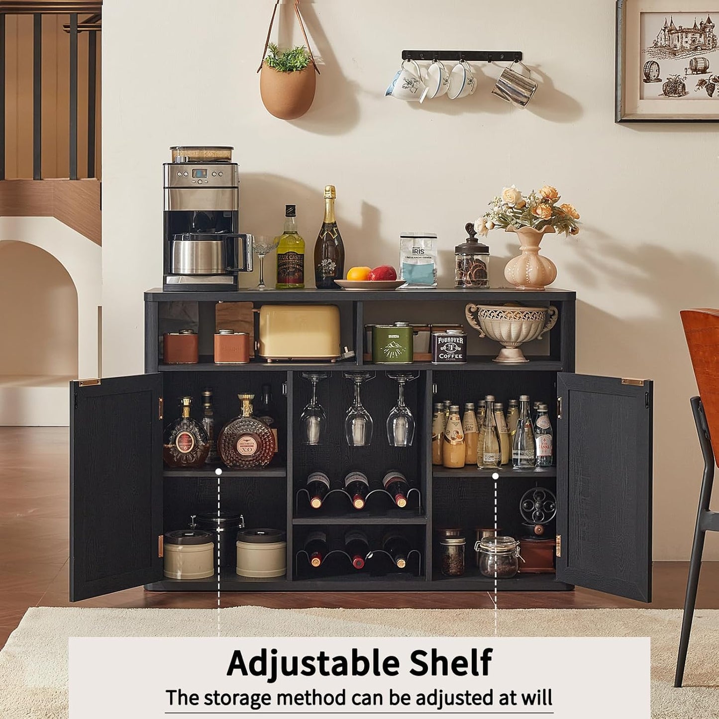 Lerliuo 47.2" Rattan Wine & Liquor Cabinet with 2 Doors, Boho Farmhouse Coffee Bar Station, Built-in Wine Racks & Storage, Adjustable Shelves for Living Room, Dining Room, Kitchen, Black