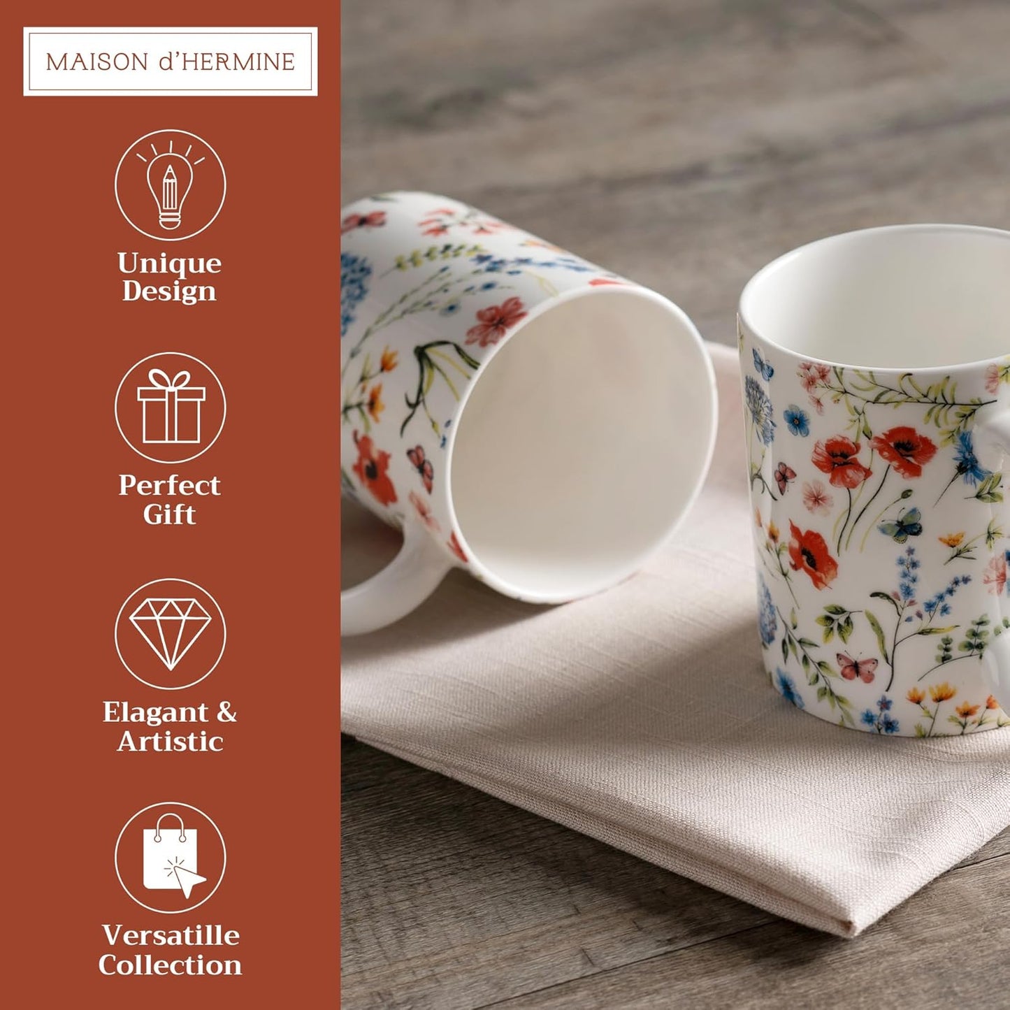 Maison d' Hermine Coffee Mug with Handles Fine Bone China Mugs Pack of Two Tea Cups for Hot Beverages Cappuccino Latte Home Restaurant Office Perfect for Gift (Just Floral, 12 Ounce)