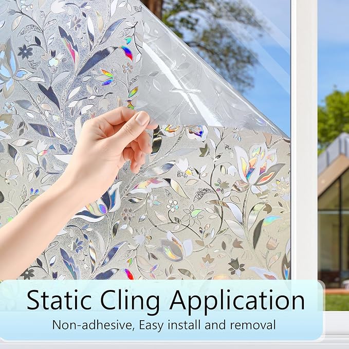 HIDBEA Window Privacy Film, 3D Stained Glass Static Cling - Sun Blocking Anti-UV Heat Control, Reusable Decorative Film for Home/Office Doors, Rainbow Tulip Design (23.6 in x 78.7 in)