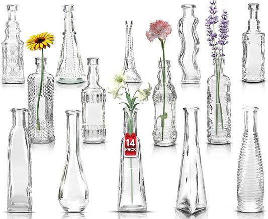 Small Vintage Glass Bottles with Corks, Mini Vases, Decorative Glass Bottle, Potion Bottles, Assorted Design - Set of 14 assorted design 5oz 6.5-7 inch tall 1.8-2.inch wide.