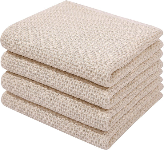 Homaxy 100% Cotton Waffle Weave Kitchen Dish Towels, Ultra Soft Absorbent Quick Drying Cleaning Towel, 13 x 28 Inches, 4-Pack, Beige