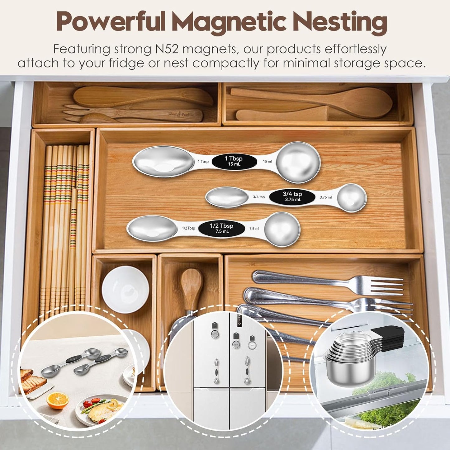 Magnetic Measuring Cups and Spoons Set - 304 Stainless Steel | Dual-sided Design | Set of 15 with Leveler | Strong N52 Magnetic Nesting Design | for Dry & Liquid Ingredients (Black)