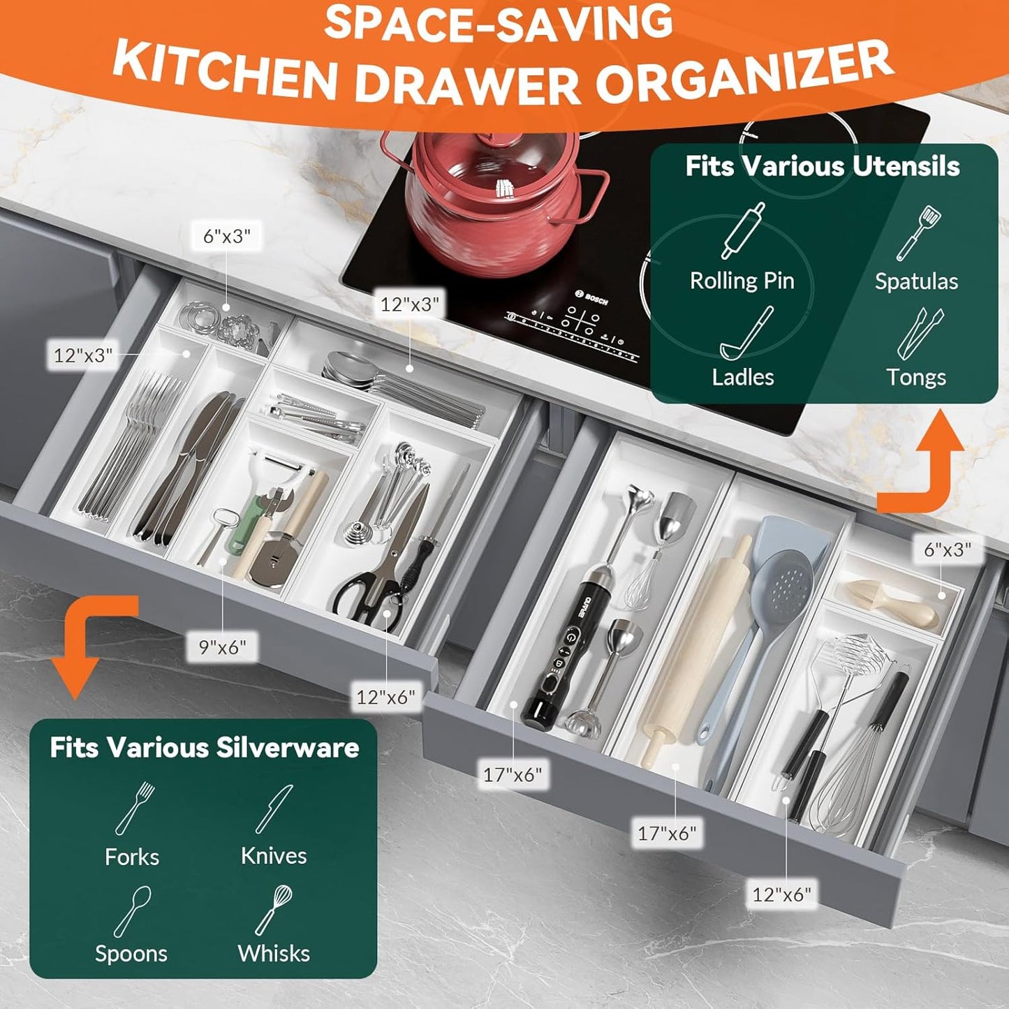 Bamboo Drawer Organizer, Cutlery Silverware Organizer for Kitchen Drawer, Stackable Utensil Organizer, 2 Pcs Flatware Organizer for Drawer, Wooden Storage Box Tray (White, 12 X 6 X 2 Inch)