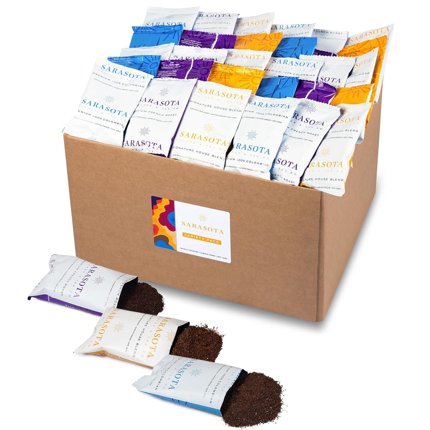 Sarasota Coffee Packs Bulk Ground Packets | Medium, Colombian, & Dark Roast Variety | Gourmet Assorted Sampler | Low Acid Mold Free Individual Pouches for 12 Cup Coffee Maker | 1.75 Oz Bags, 100 Count