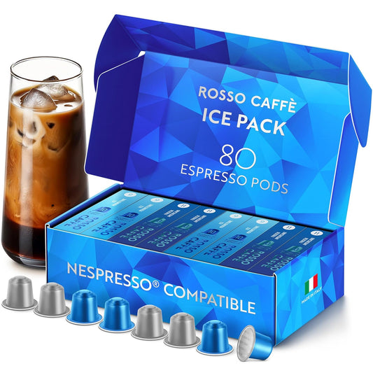 ROSSO CAFFÈ Espresso Coffee Pods for Nespresso Original Machines - 80 Capsules Ice Pack, 2 Rich and Smooth Flavors, Perfect for Iced Summer Coffee - Made in Italy