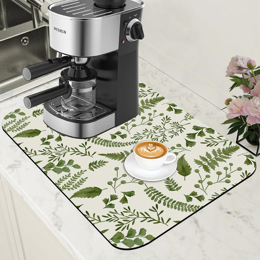 Green Leaf Coffee Mat Herb Dish Drying Mat for Kitchen Counter Hide Stain Rubber Backed Absorbent Coffee Bar Accessories Fit Under Espresso Machine Cafe Table, 11.8 x 19.7 Inch