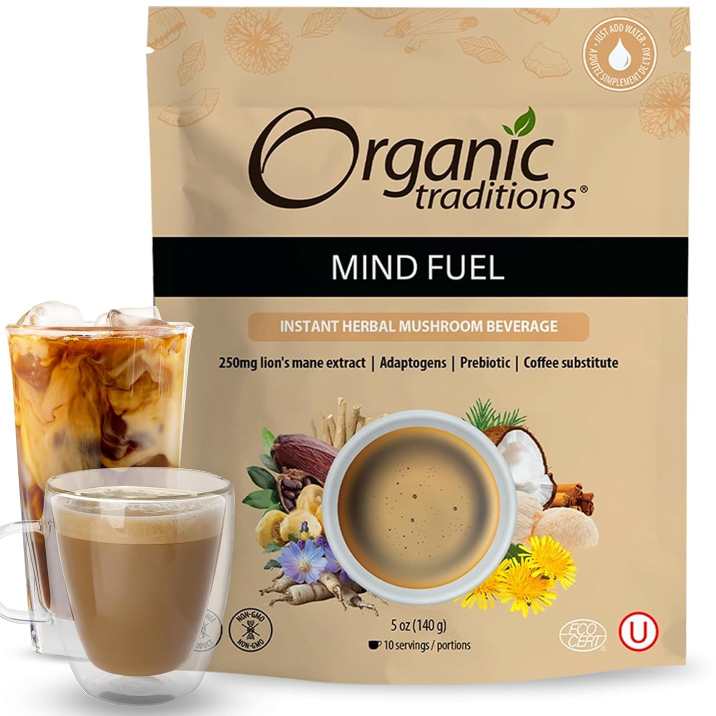 Organic Traditions Mind Fuel Instant Mushroom Coffee Alternative – Caffeine-Free Herbal Mushroom Drink - Organic Lion’s Mane, Maca, Dandelion & Chicory – Focus, Energy & Cognitive Support – 10 Servings – 140g, 7.4oz